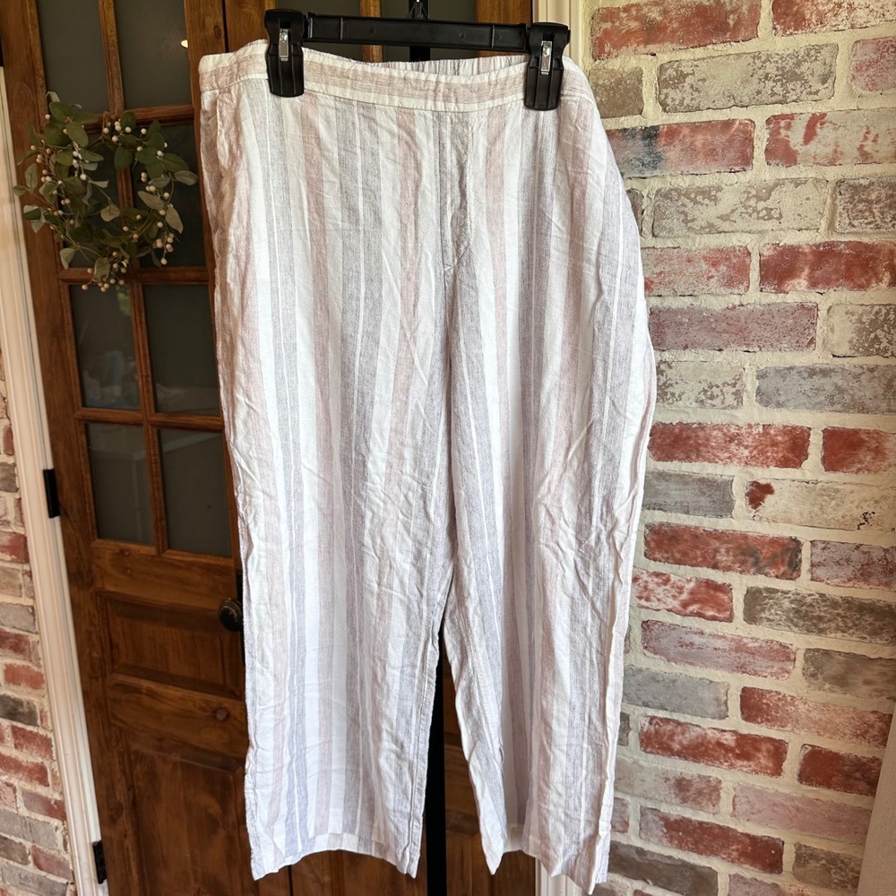 Old Navy High Rise Pull On Pants Women White Brown Striped Linen Blend Boho 18